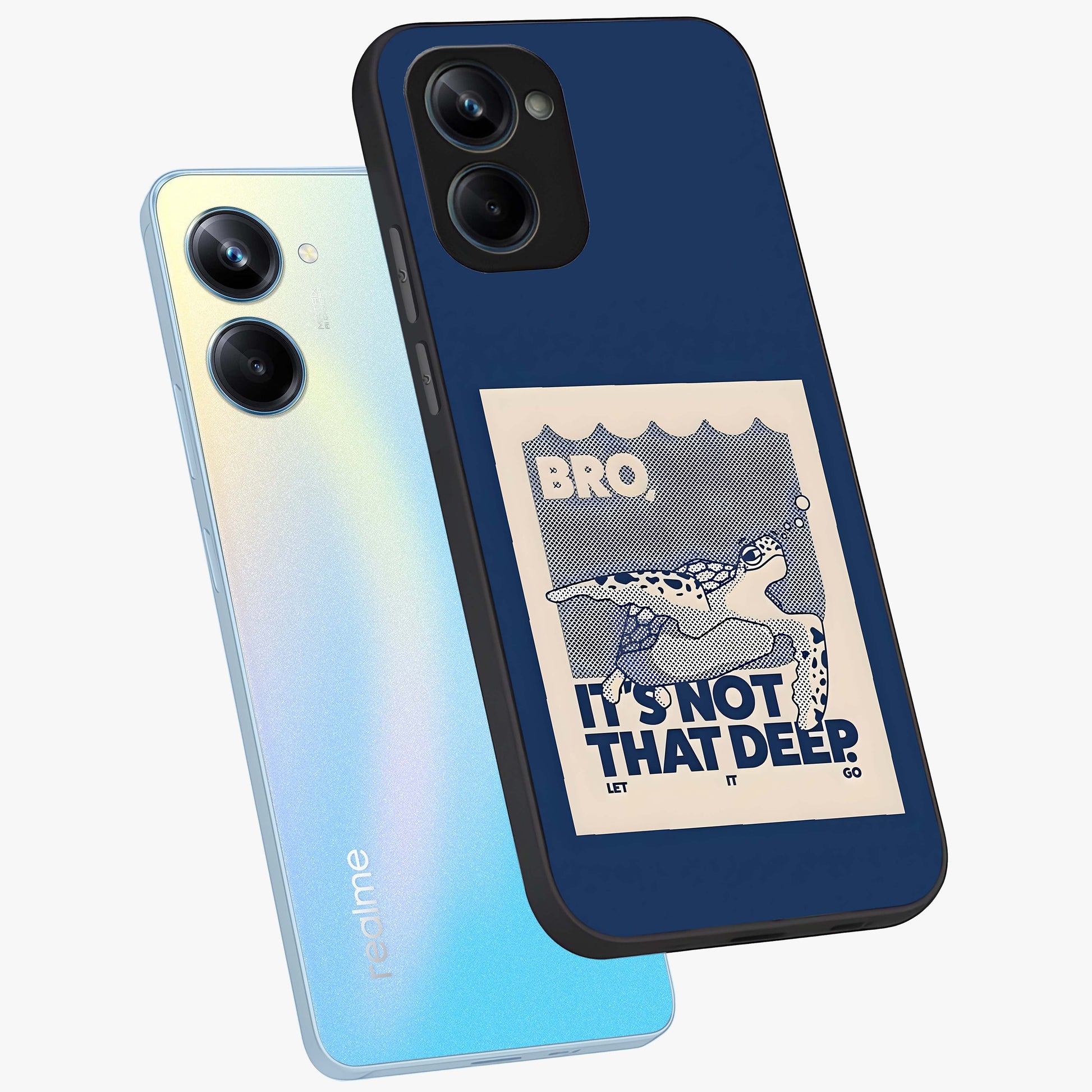 Worry Less Swim Glass Case displayed in angled mockup highlighting fun typography design with relaxed aesthetic style.