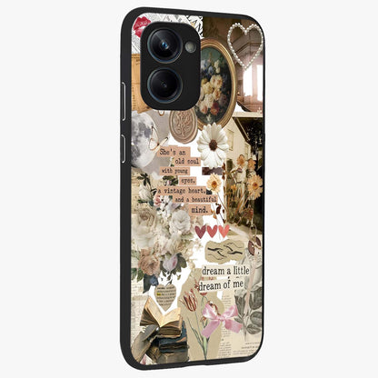 Aesthetic Brown Vintage Collage Glass Case upright view showcasing nostalgic retro artwork with stylish vintage theme.