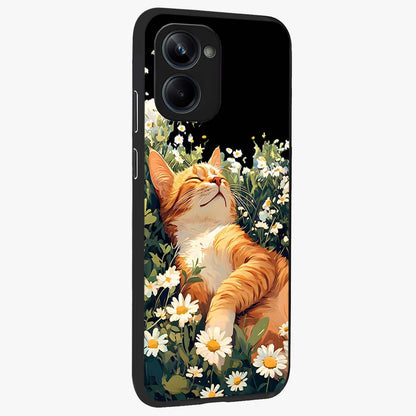 Blissful Bloom Cat Glass Case upright view showcasing charming cat design surrounded by blooming floral elements.
