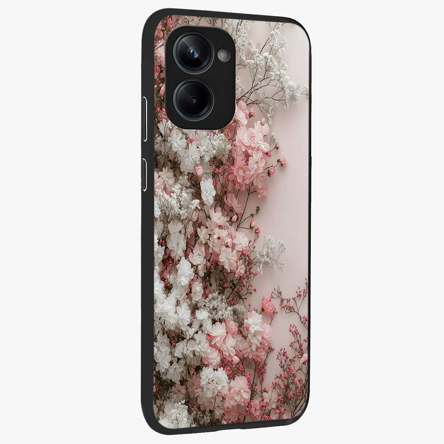 Blush Blossom Cloud Glass Case upright view showcasing calm floral cloud artwork with gentle dreamy theme.