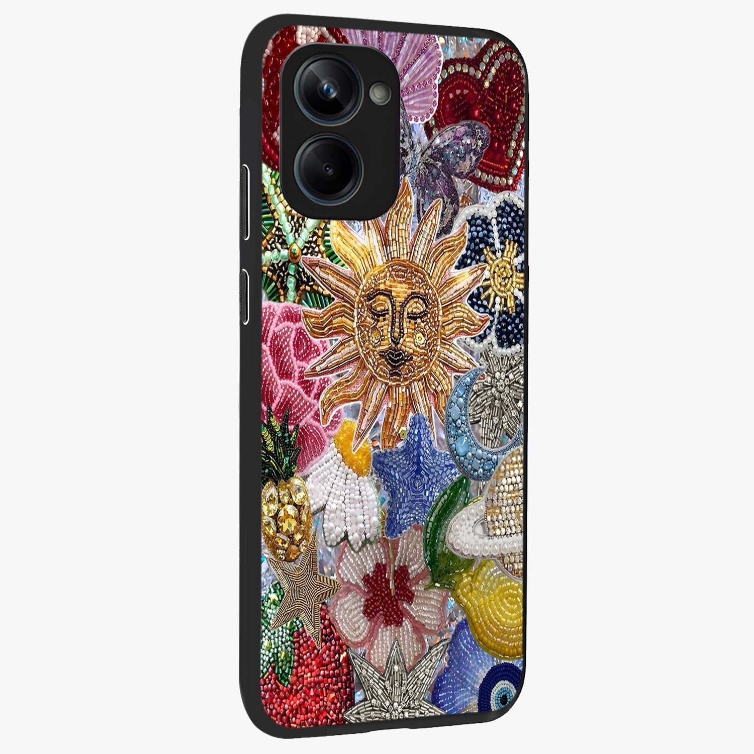 Celestial Floral and Playful Glass Case upright view showcasing whimsical floral artwork with cosmic aesthetic theme.