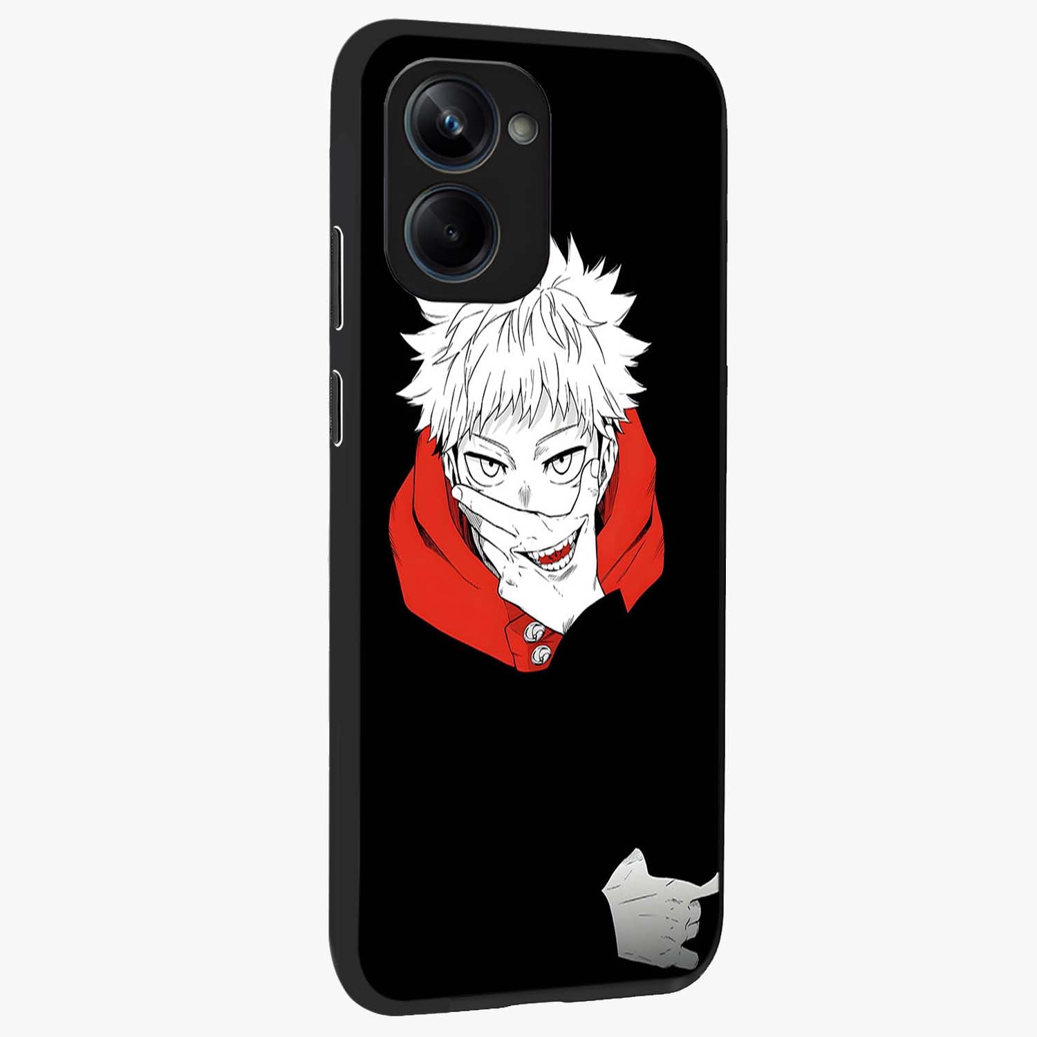 Crimson Chaos Smile Glass Case upright view showcasing expressive chaotic artwork with striking visual theme.