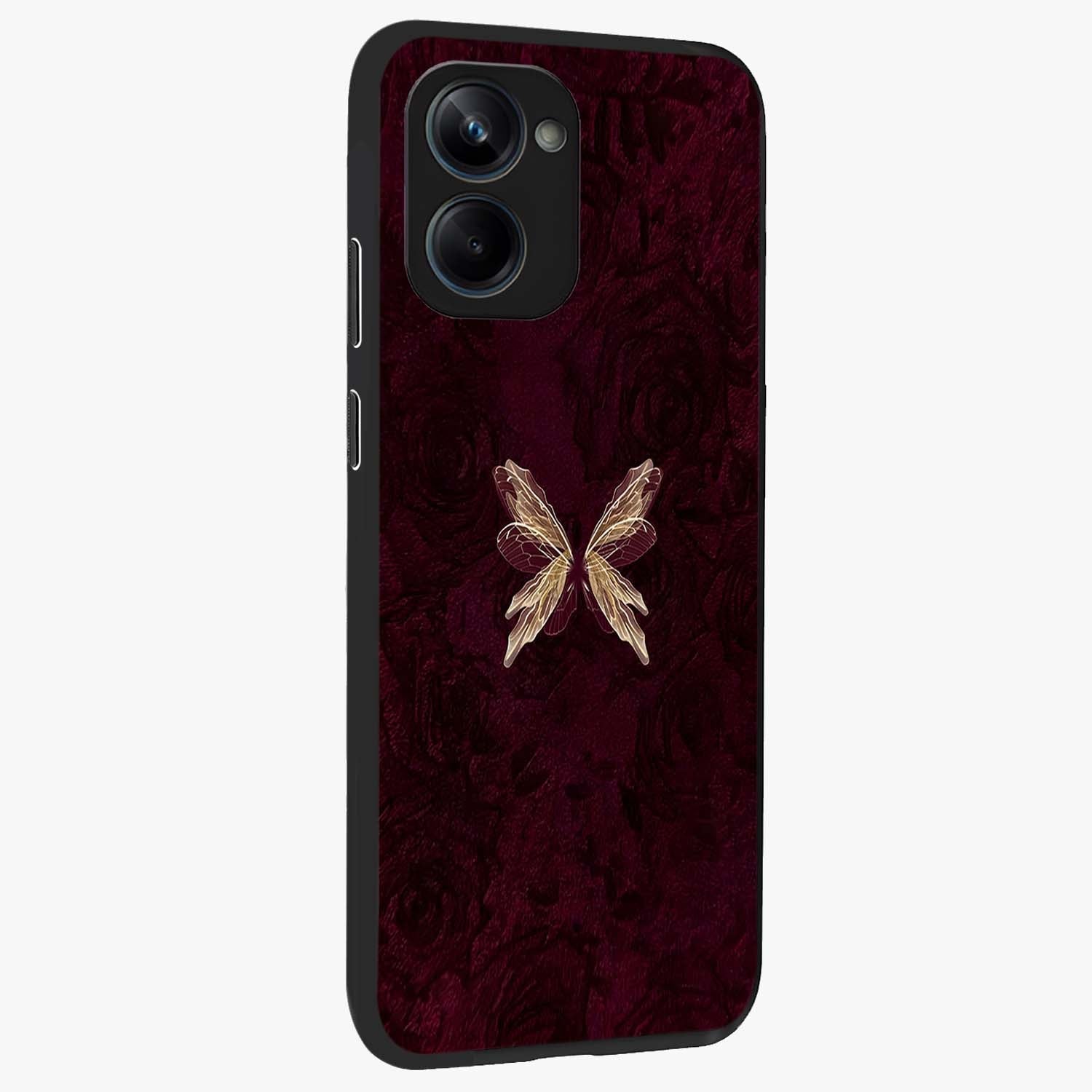 Crimson Fade Butterfly Glass Case upright view showcasing graceful butterfly artwork with soft crimson fade effect.