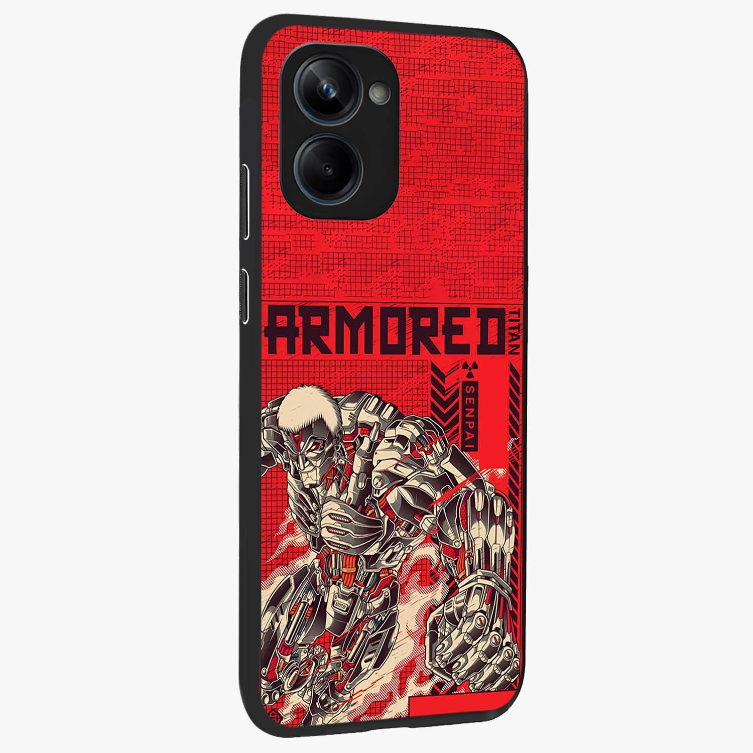 Crimson Mecha Titan Glass Case upright view showcasing dynamic robotic titan design with sci-fi inspired theme.