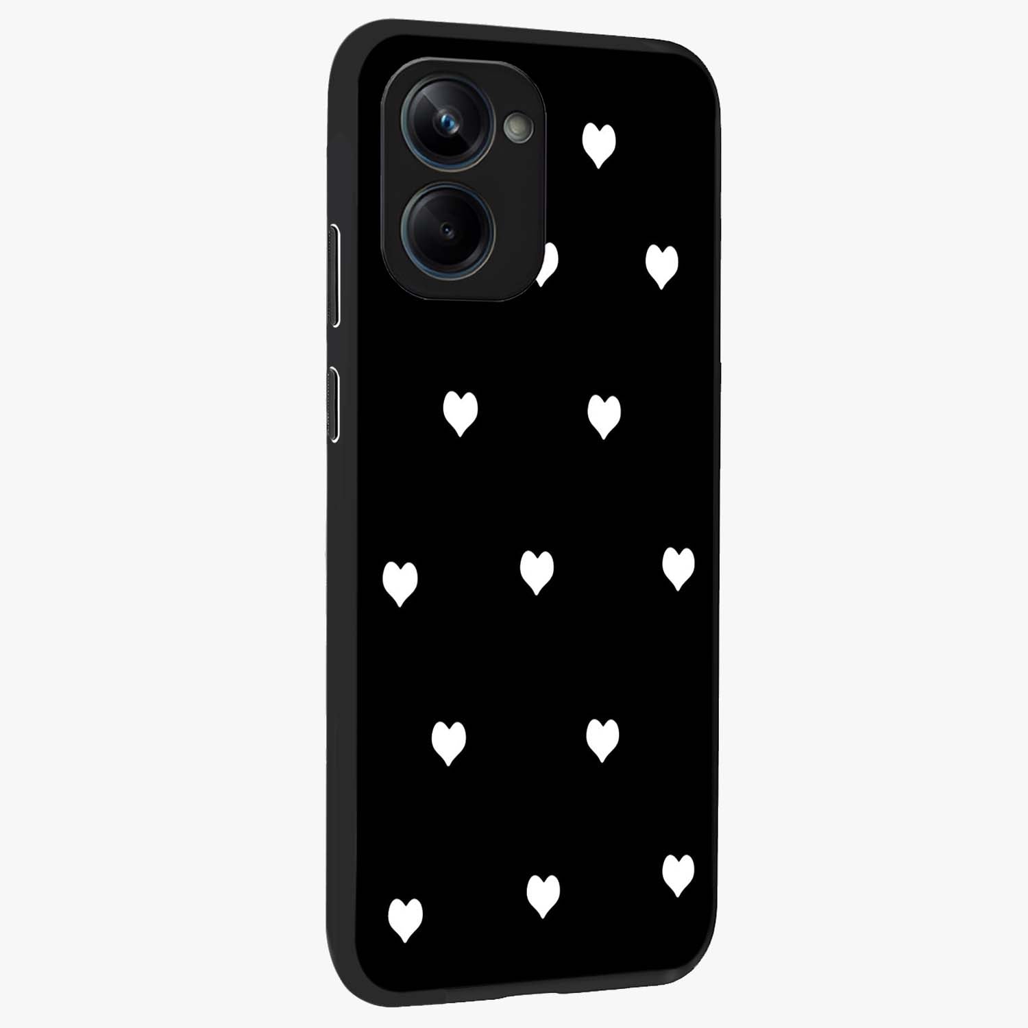 Cute And Simple White Hearts Glass Case upright view showcasing simple white hearts artwork with soft minimal theme.