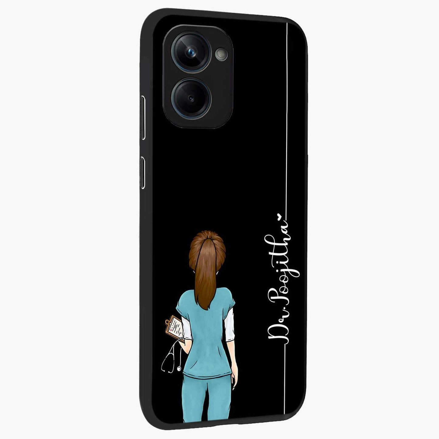 Doctor Pattern Custom Name Glass Case upright view showcasing healthcare themed design with personalized aesthetic.