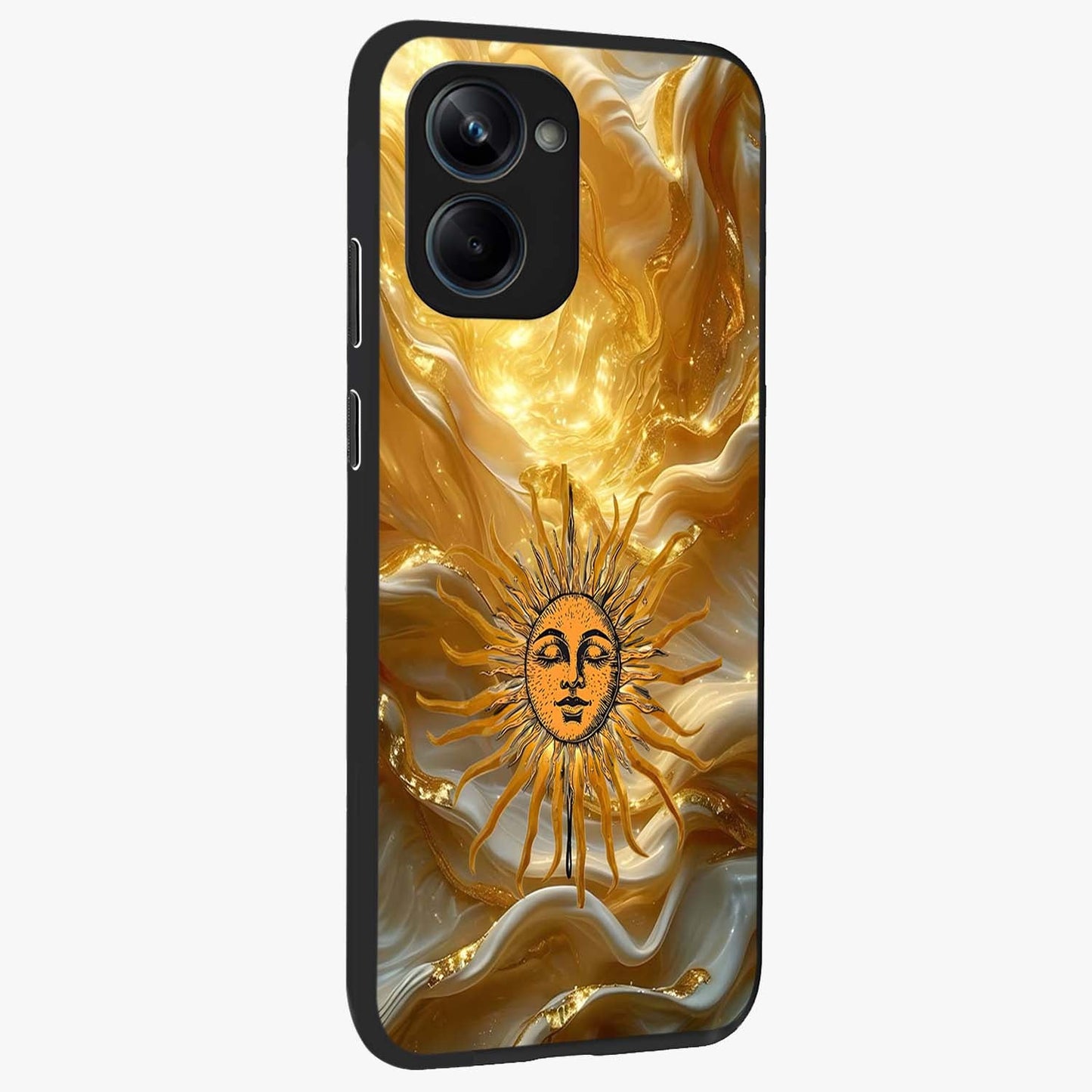 Eternal Golden Glow Glass Case upright view showcasing luminous golden artwork with luxurious visual theme.