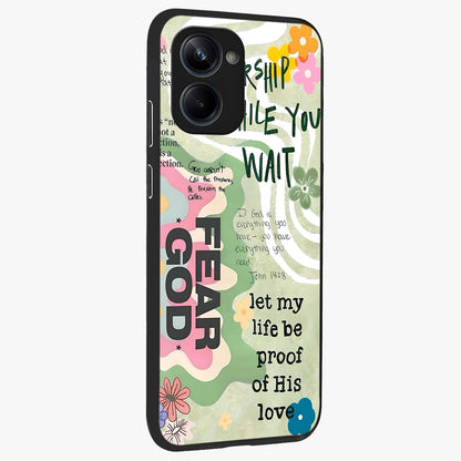 Faith Over Fear Glass Case upright view showcasing bold typography artwork with uplifting motivational theme.