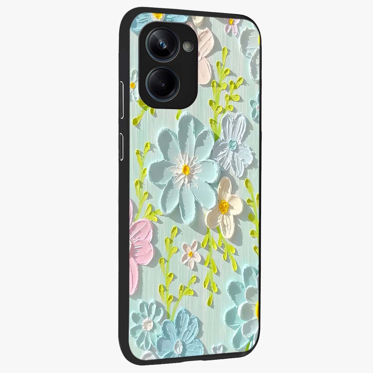Frosted Petal Garden Glass Case upright view showcasing elegant floral garden artwork with soothing pastel theme.