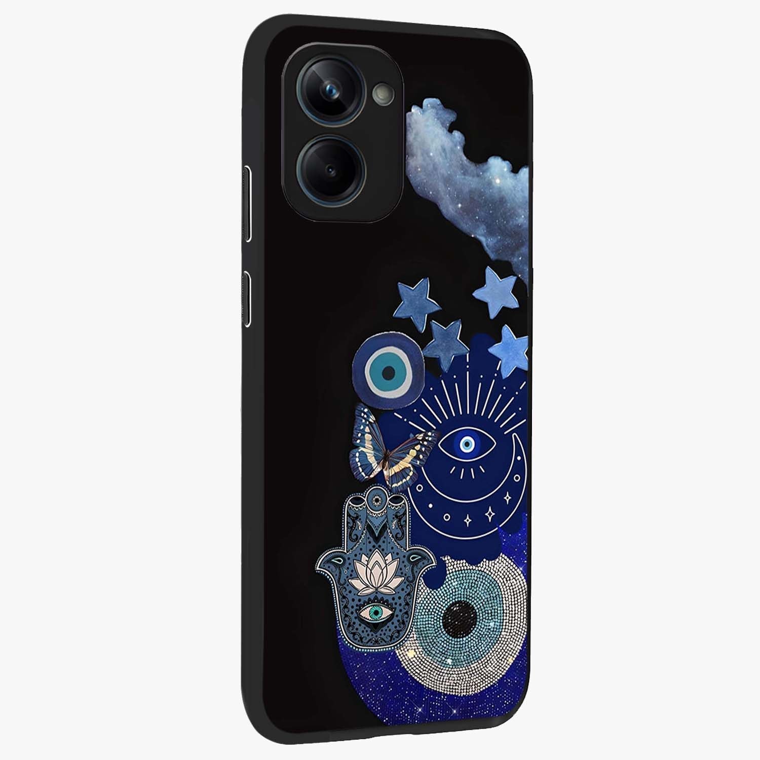 Galactic Charm Cluster Glass Case upright view showcasing glowing cosmic charm artwork with magical celestial style.