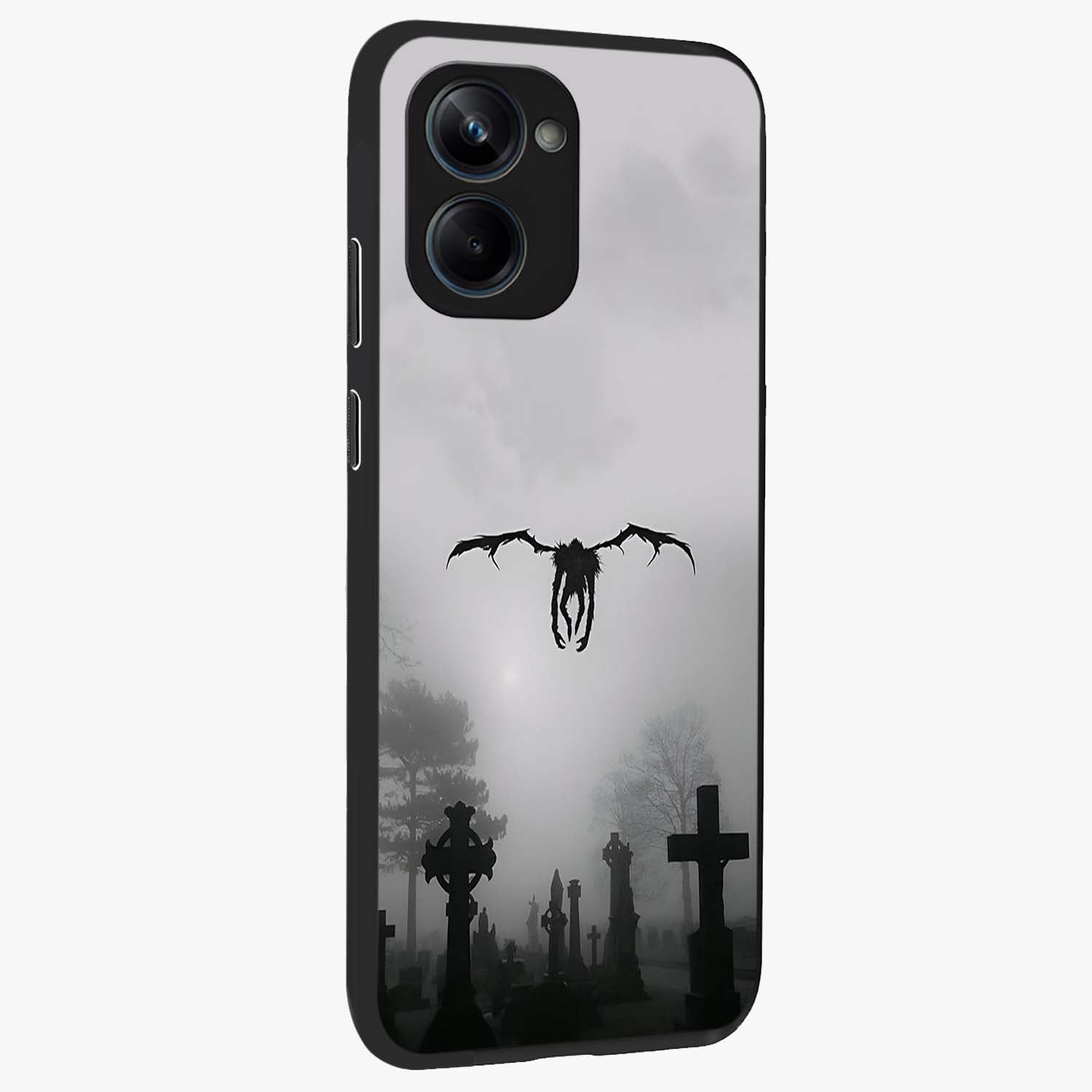 Graveyard Shadow Descent Glass Case upright view showcasing haunting graveyard artwork with dramatic dark theme.