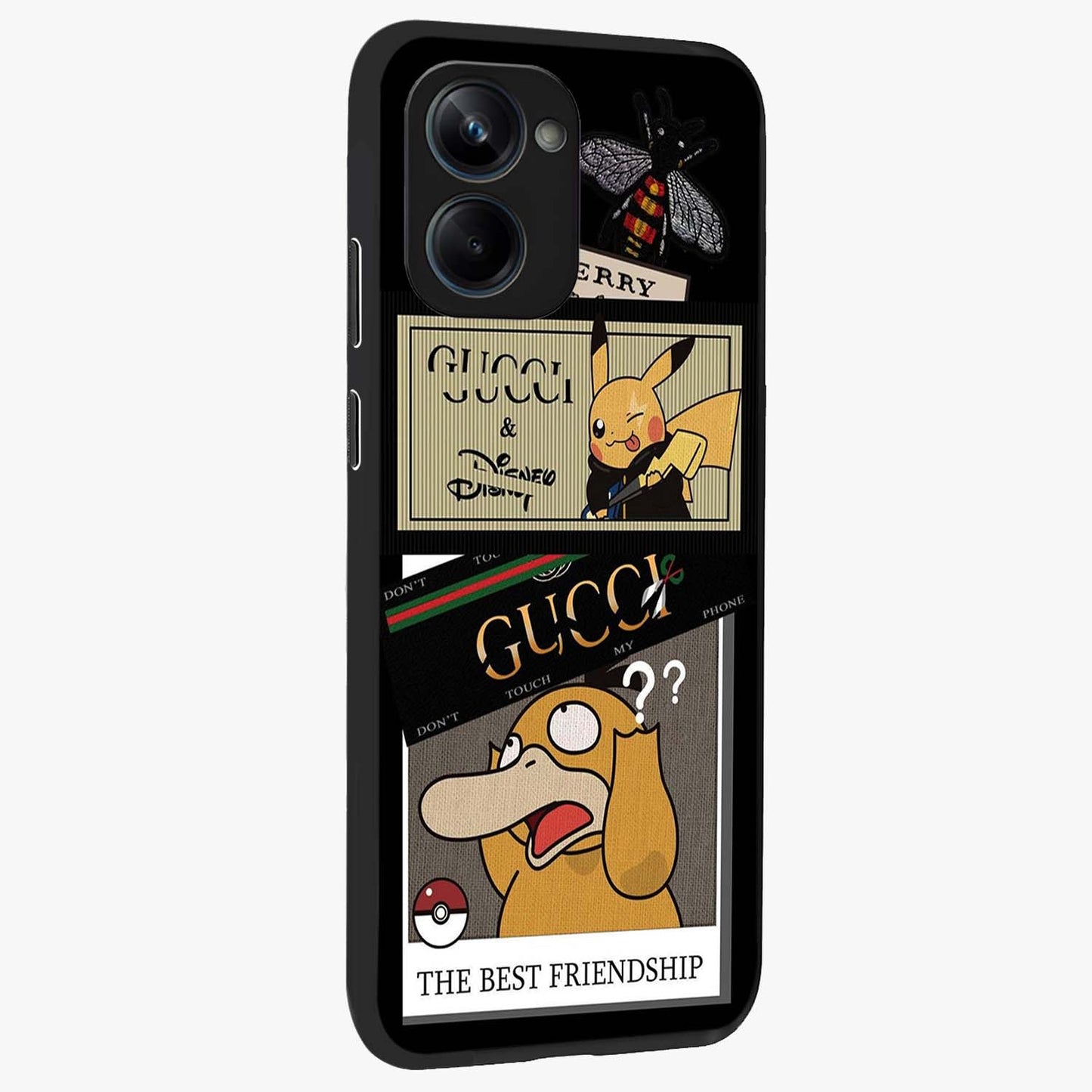 Gucci Play Mashup Glass Case upright view showcasing trendy luxury inspired artwork with modern fashion theme.
