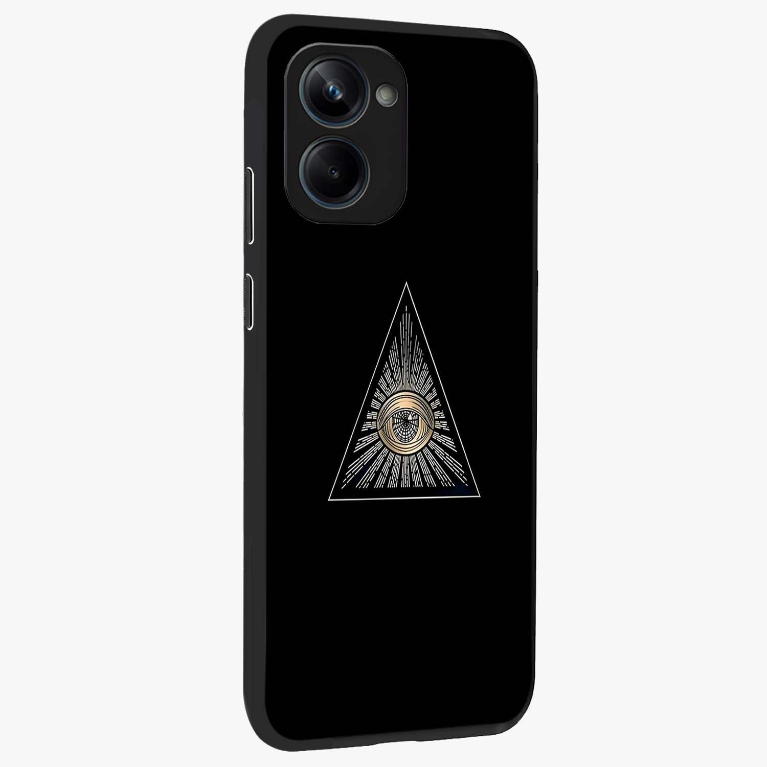 Illuminati Evil Glass Case upright view showcasing striking illuminati artwork with mysterious symbolic theme.
