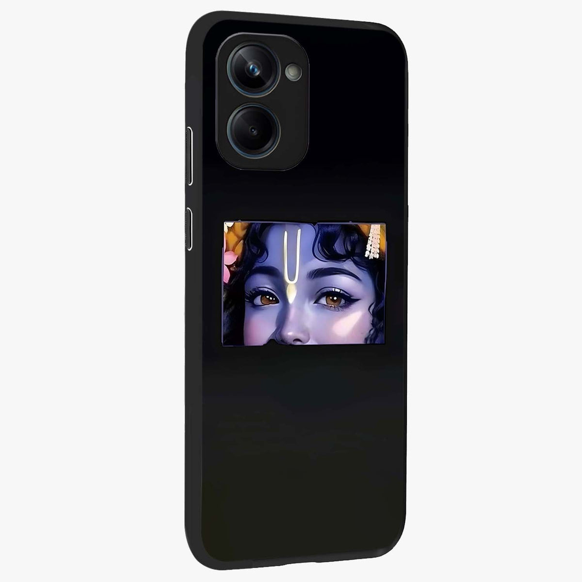 Krishna Divine Embrace Glass Case upright view showcasing sacred Krishna artwork with peaceful devotional theme.