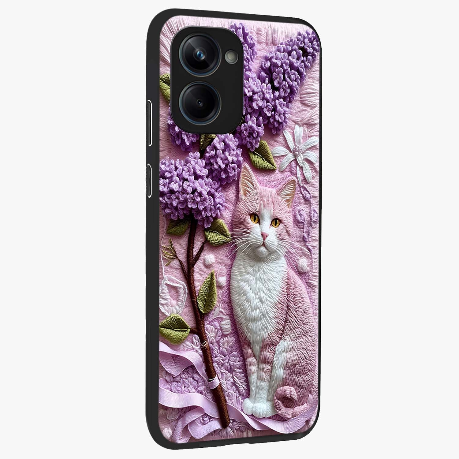 Lavender Cat Whimsy Glass Case upright view showcasing charming cat artwork with whimsical lavender theme.