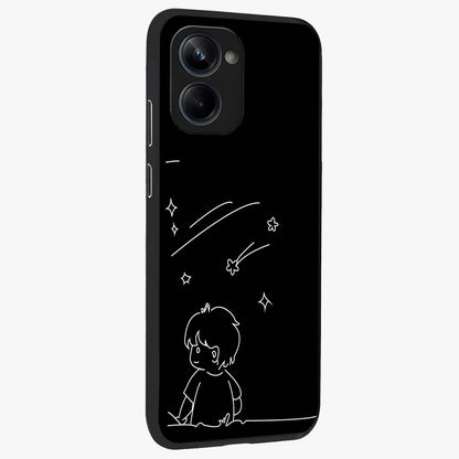 Line Art Boy With Shooting Stars Glass Case upright view showcasing artistic shooting star illustration with minimal style.