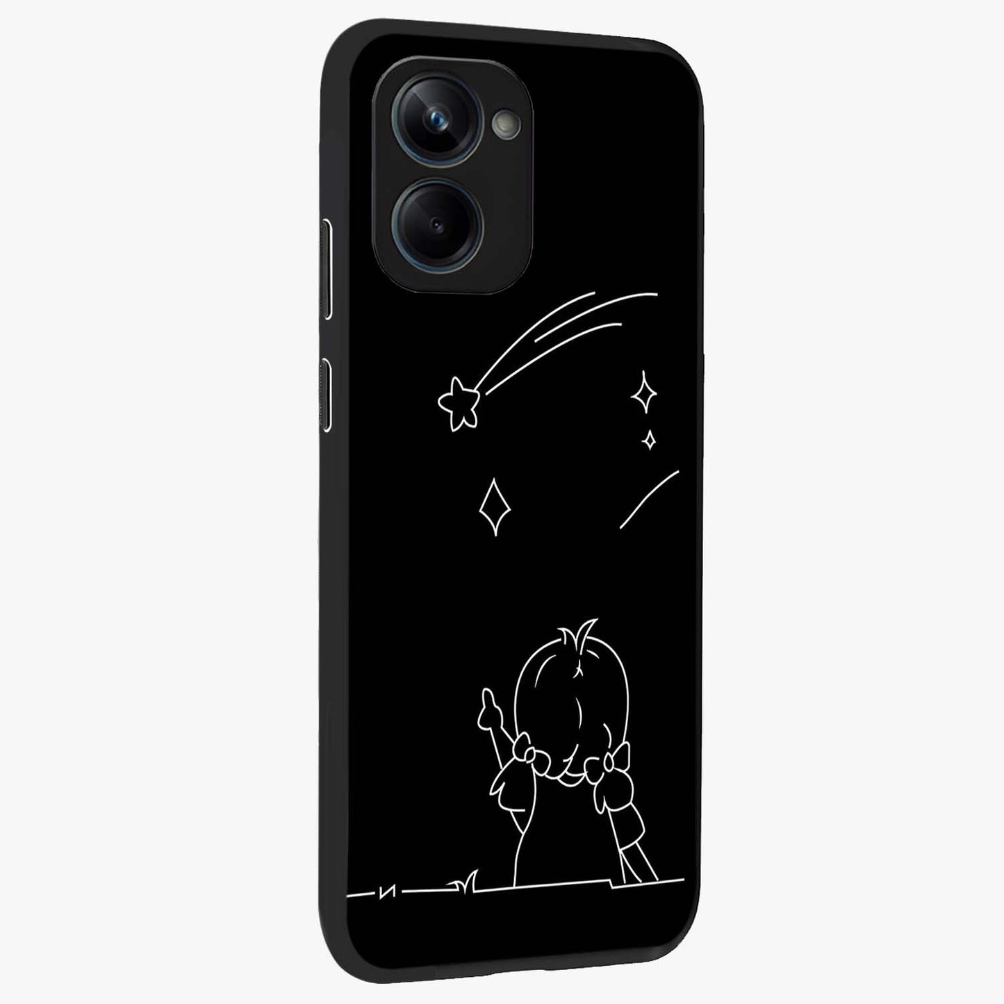 Line Art Girl With Shooting Stars Glass Case upright view showcasing delicate shooting stars artwork with minimal artistic theme.