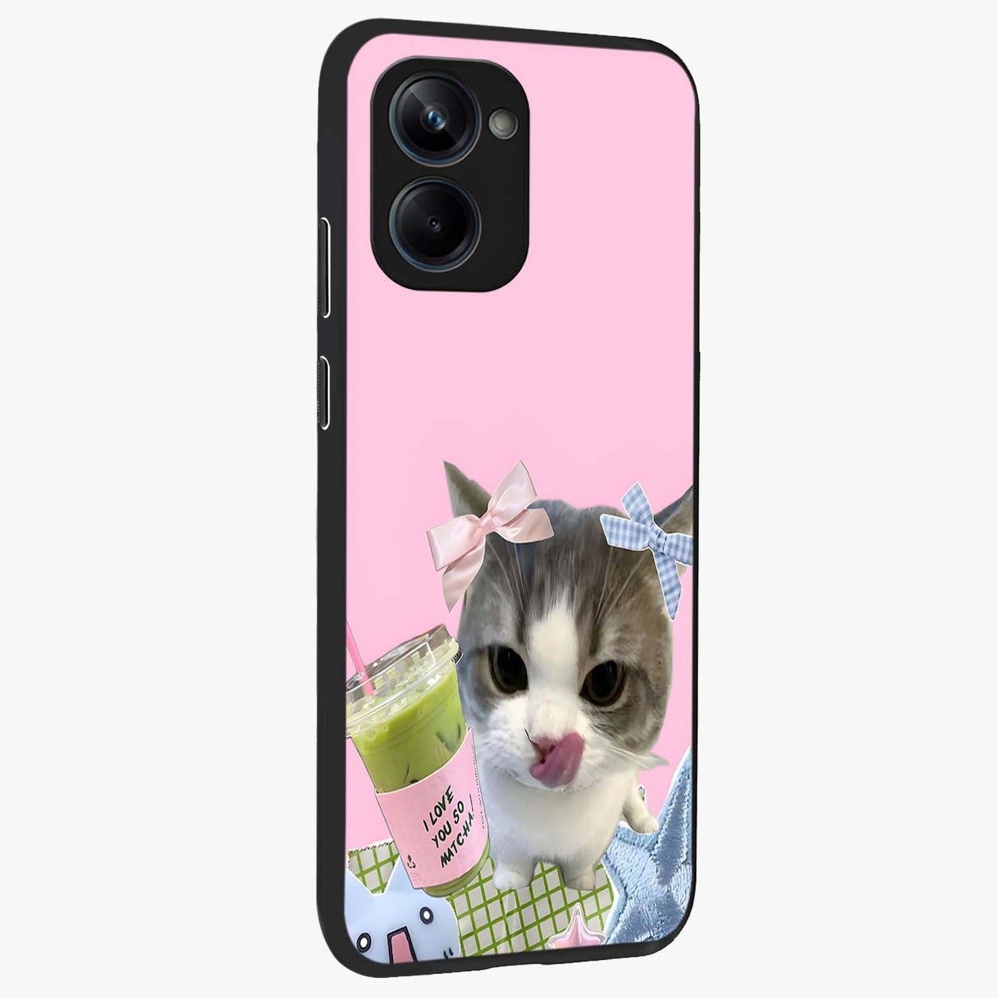 Love Matcha Cat Glass Case upright view showcasing adorable cat artwork with charming matcha themed design.