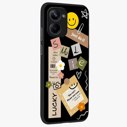 Lucky Aesthetic Collage Glass Case upright view showcasing vibrant collage artwork with youthful aesthetic theme.