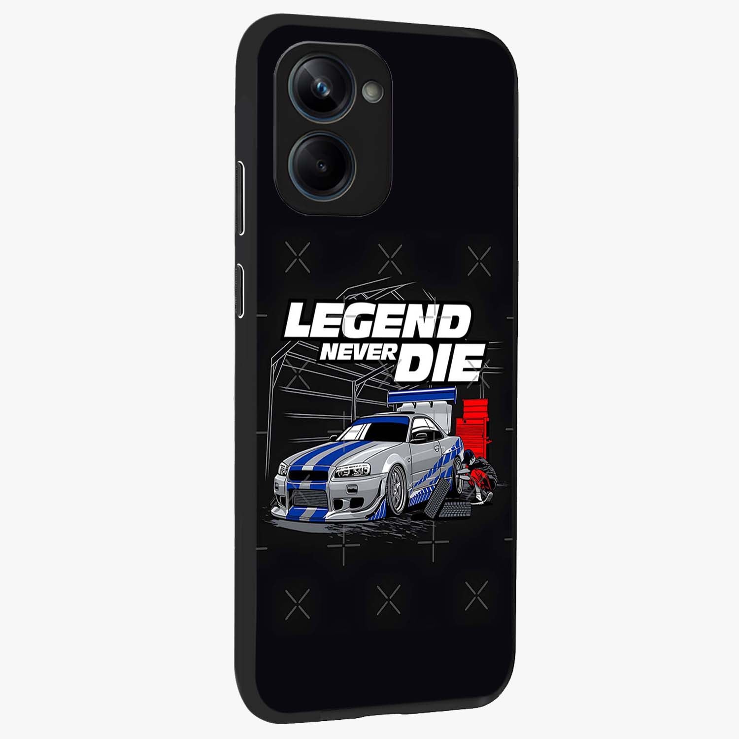 Midnight Racing Legacy Glass Case upright view showcasing powerful racing artwork with modern sports theme.