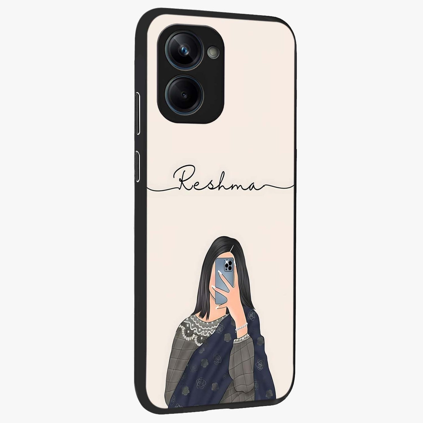 Mirror Mood Muse With Custom Name Glass Case upright view showcasing artistic mirror themed artwork with personalized aesthetic.