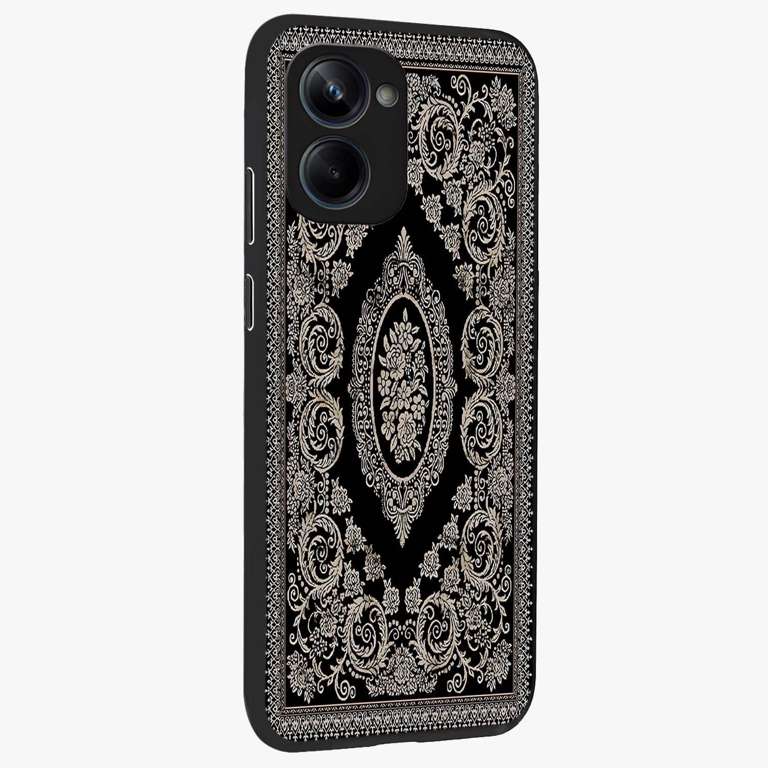 Noir Bloom Elegance Glass Case upright view showcasing graceful floral artwork with luxurious dark theme.