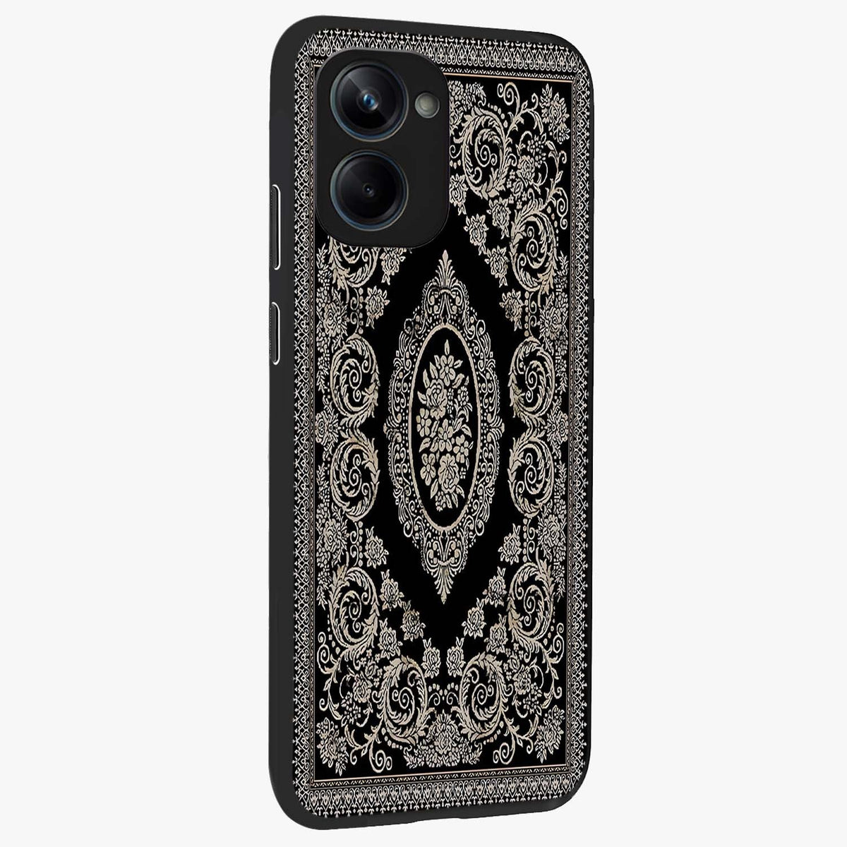 Noir Bloom Elegance Glass Case upright view showcasing graceful floral artwork with luxurious dark theme.