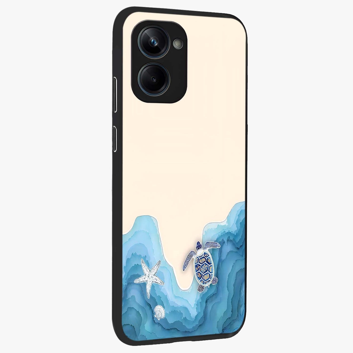 Ocean Drift Turtle Glass Case upright view showcasing calm underwater turtle artwork with nature inspired theme.