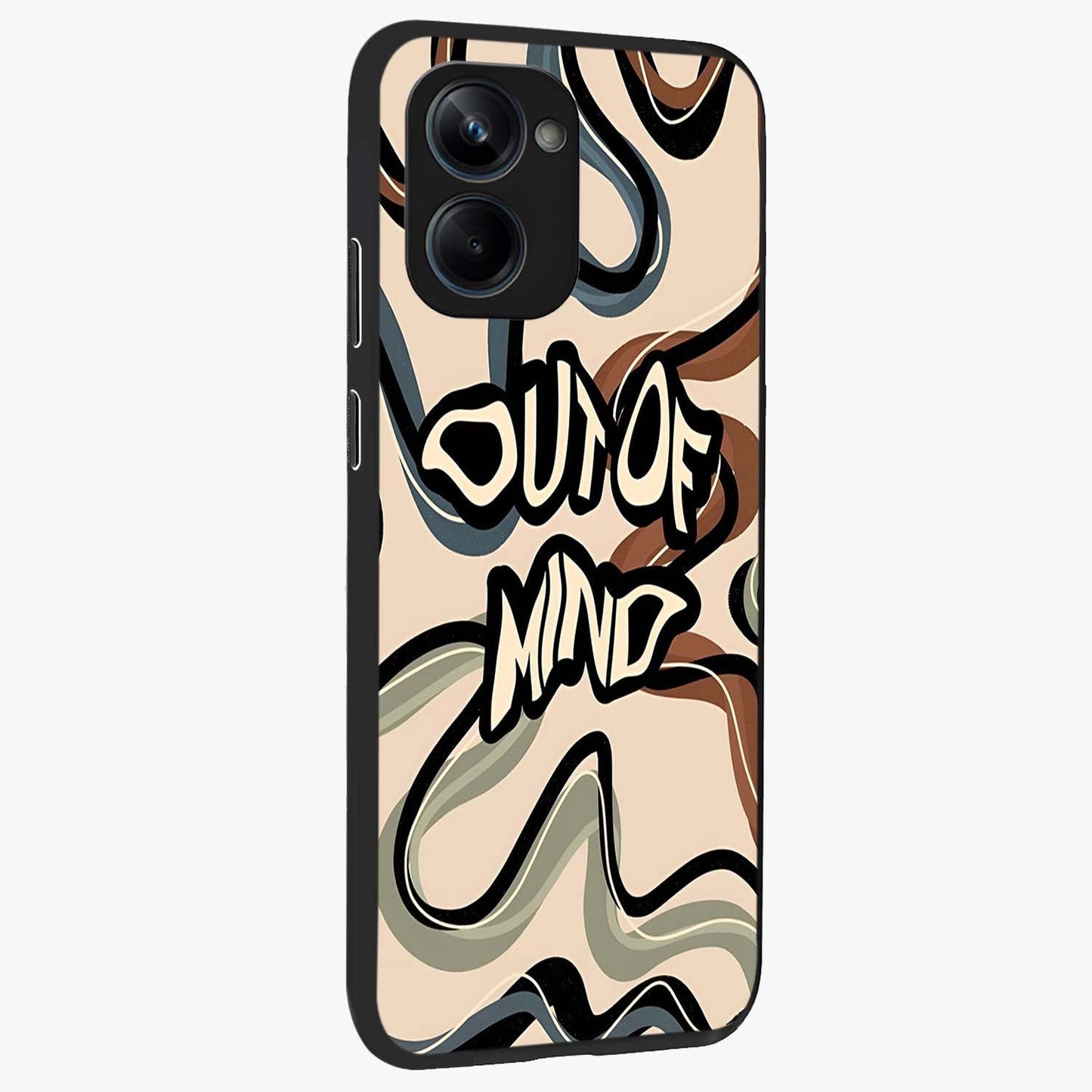 Out Of Mind Glass Case upright view showcasing striking typography artwork with edgy conceptual theme.