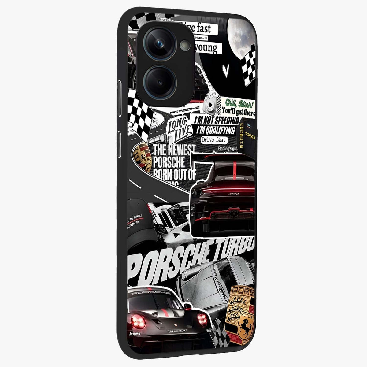 Porsche Racing Collage Glass Case upright view showcasing energetic car collage artwork with high speed racing theme.