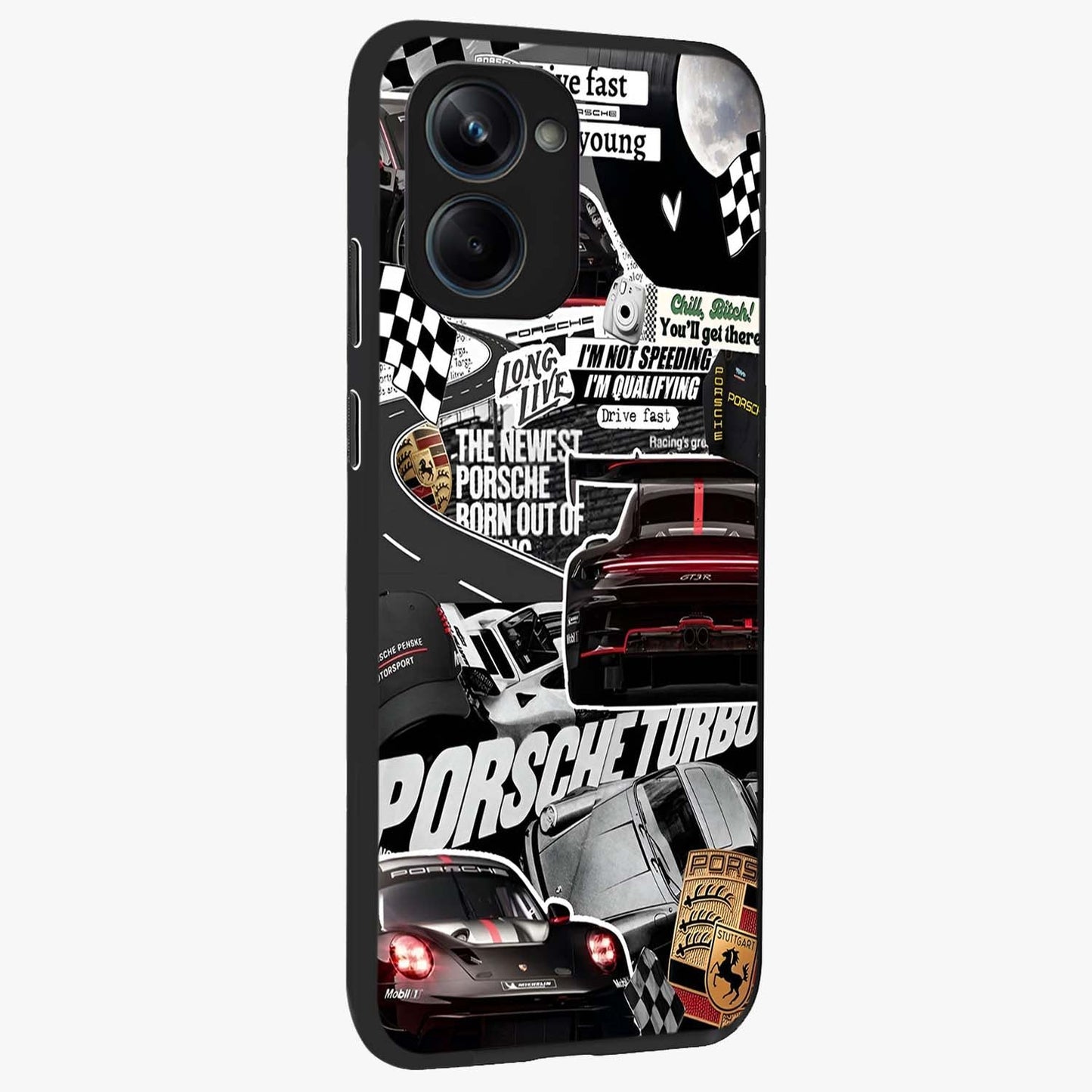 Porsche Racing Collage Glass Case upright view showcasing energetic car collage artwork with high speed racing theme.