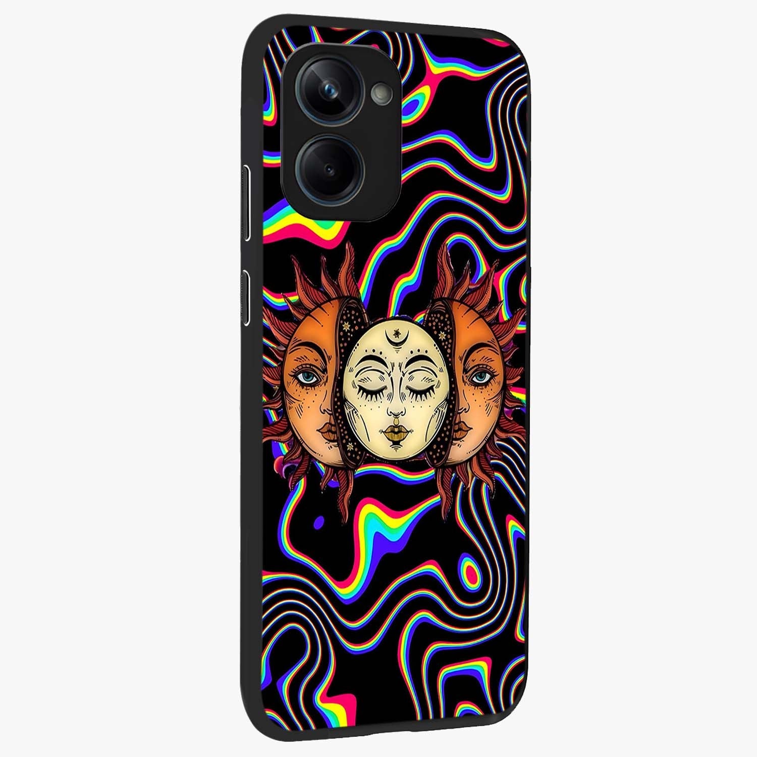 Psychedelic Sun Glass Case upright view showcasing trippy sun artwork with bold psychedelic theme.