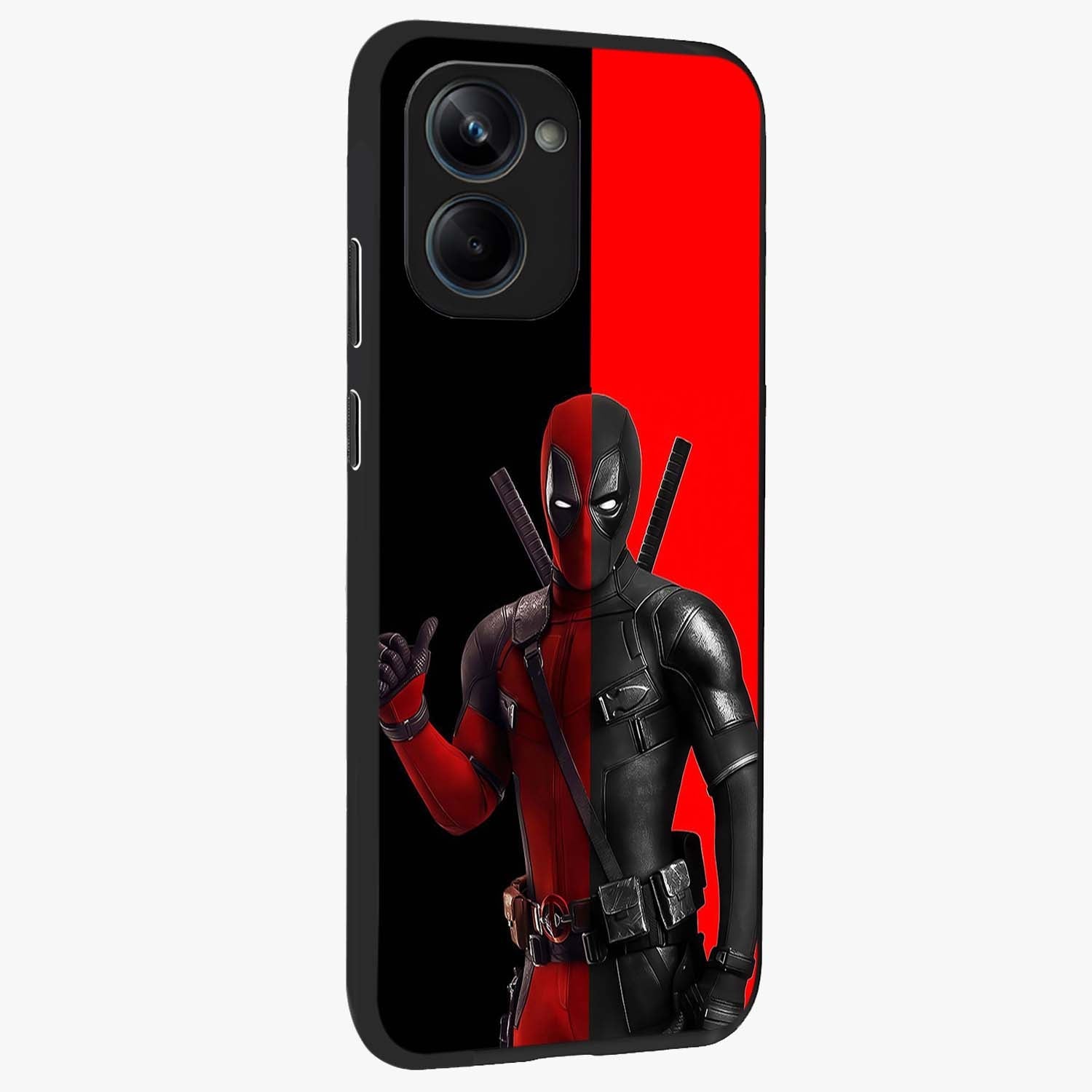 Red & Black Deadpool Theme Glass Case upright view showcasing energetic comic themed artwork with striking red and black design.
