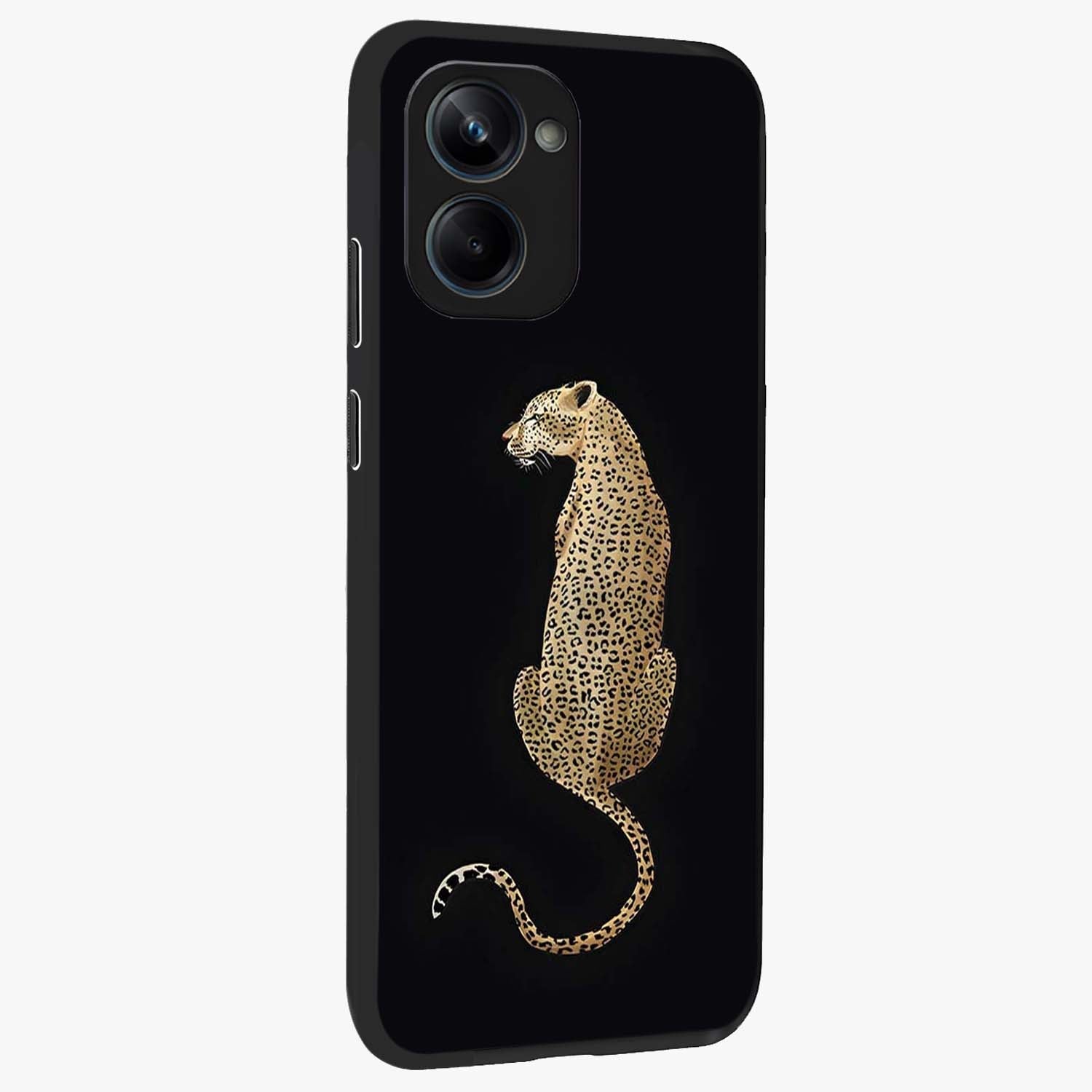 Regal Leopard Glass Case upright view showcasing striking leopard artwork with fierce wildlife theme.