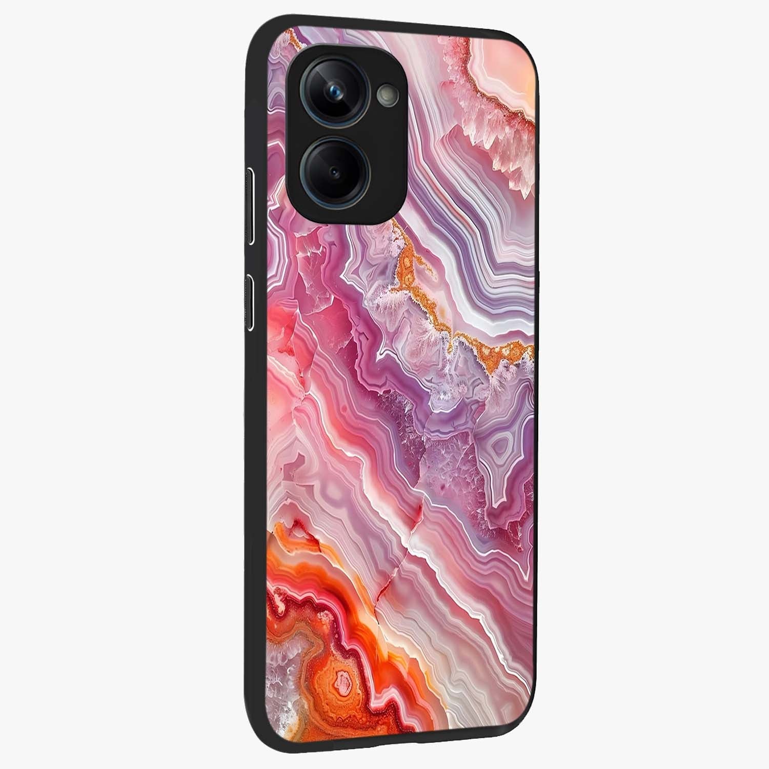 Rose Quartz Marble Glass Case upright view showcasing decorative marble artwork with luxurious pastel theme.