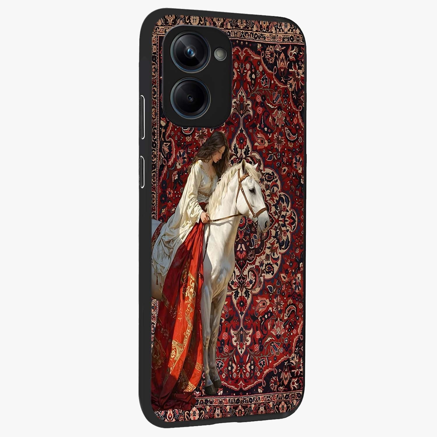 Royal Rider Tapestry Glass Case upright view showcasing detailed rider artwork with classic tapestry theme.