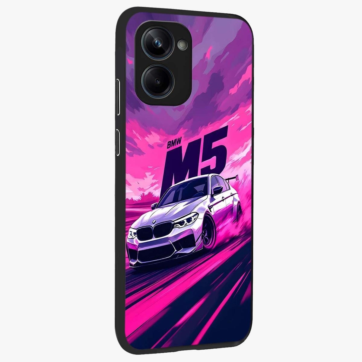 Turbo Legacy Icon Glass Case upright view showcasing bold racing inspired artwork with classic car theme.