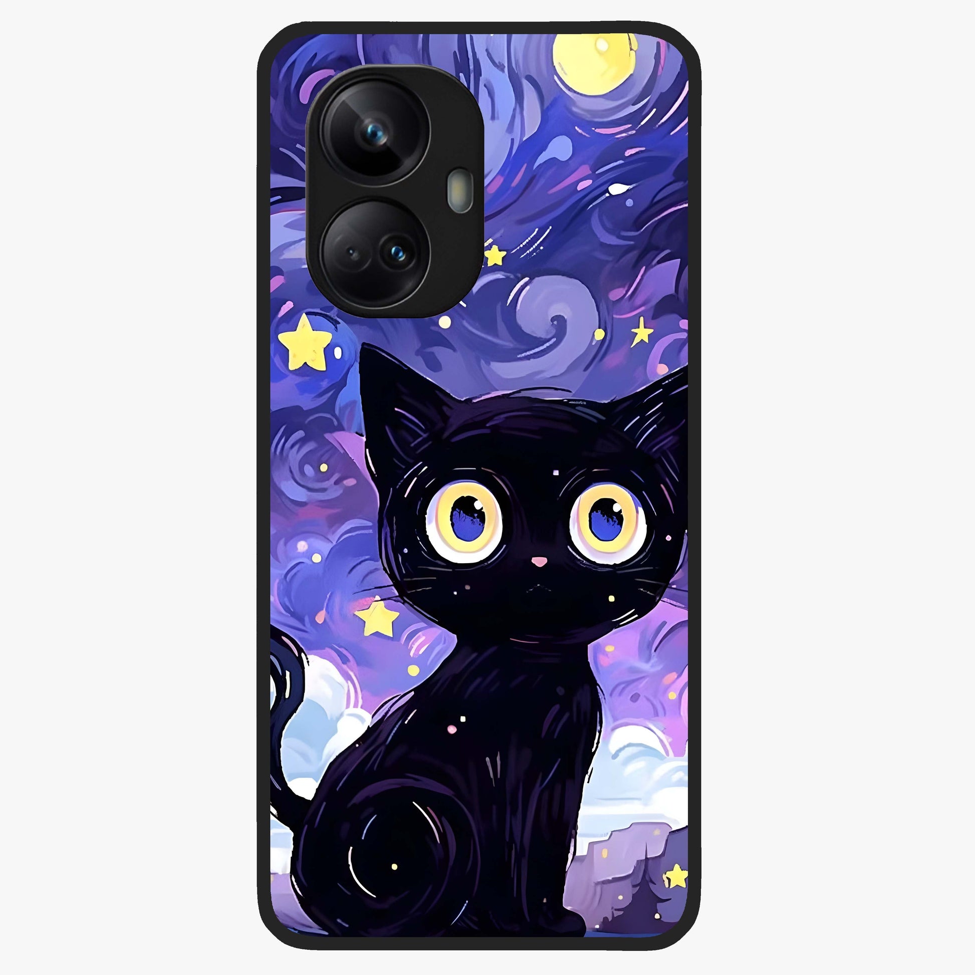 Abstract Cat Art Glass Case showing flat back view with artistic cat illustration and glossy glass finish.