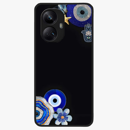 Aesthetic Blue Evil Eye Glass Case showing flat back view with protective evil eye artwork and glossy glass finish.