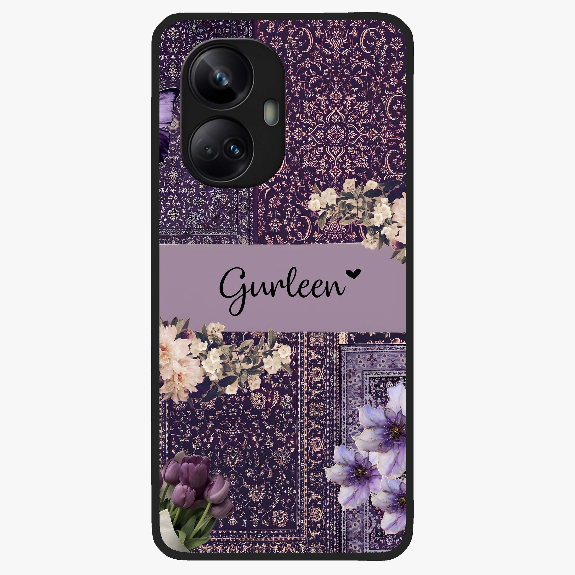 Antique Floral Whisper Custom Name Glass Case showing flat back view with vintage floral artwork and personalized name design.