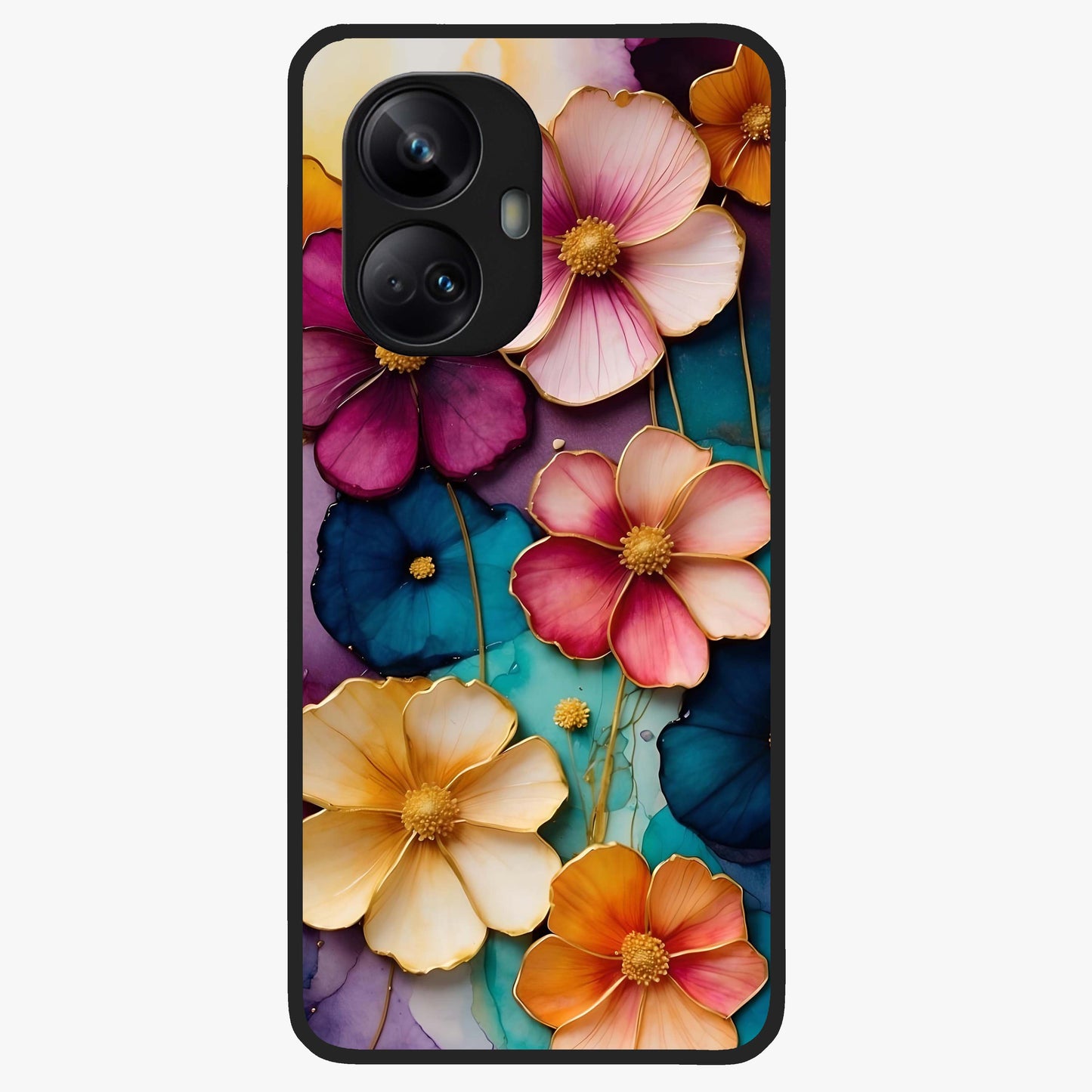 Artlyn Grace Flower Pattern Glass Case showing flat back view with elegant floral pattern artwork and glossy glass finish.