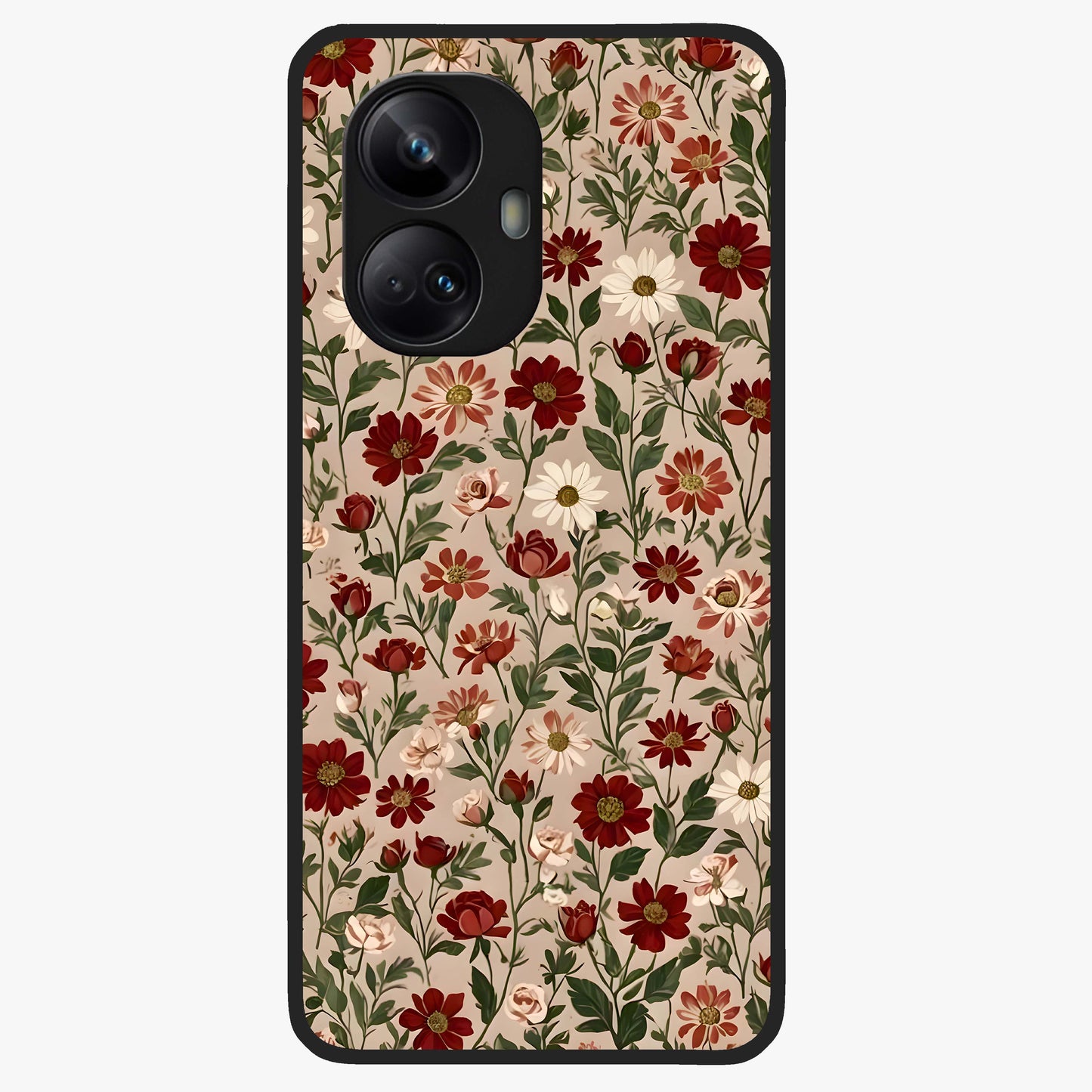 Biege Flower With Leaf Glass Case showing flat back view with soft beige floral artwork and glossy glass finish.