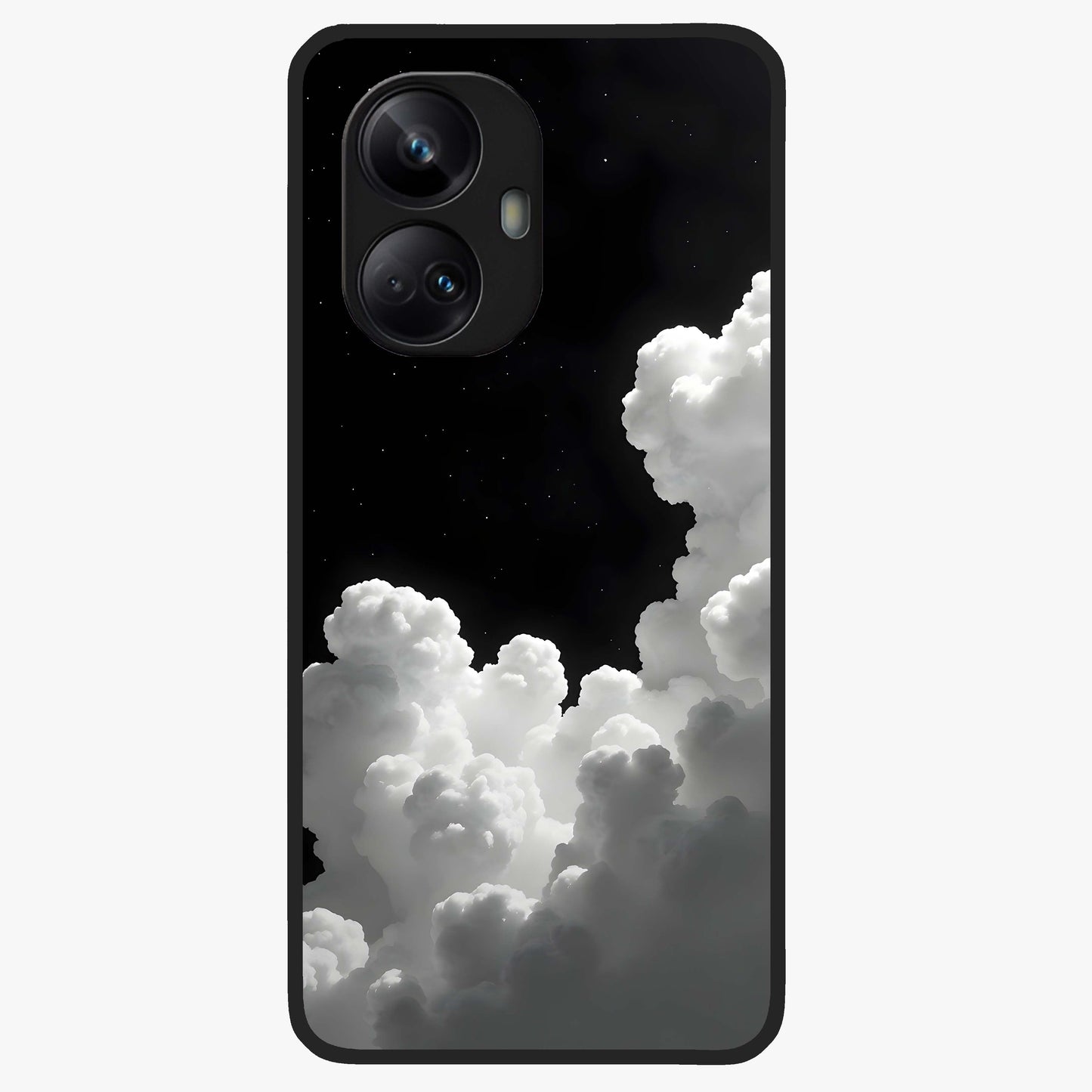 Black Background With White Cloud Glass Case showing flat back view with minimal cloud artwork on dark background and glossy glass finish.