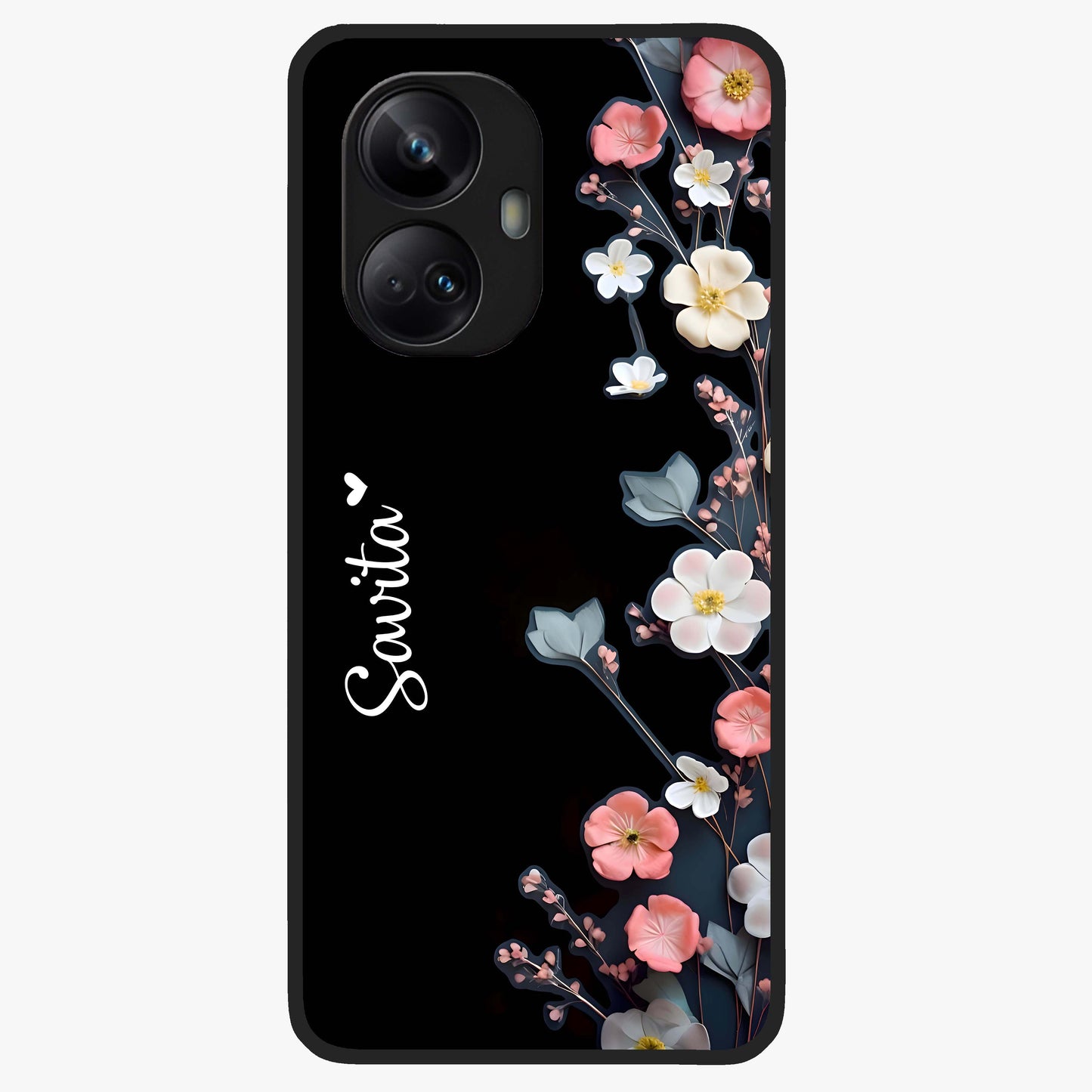 Black Elegance Floral Custom Name Glass Case showing flat back view with elegant floral artwork and personalized name design.