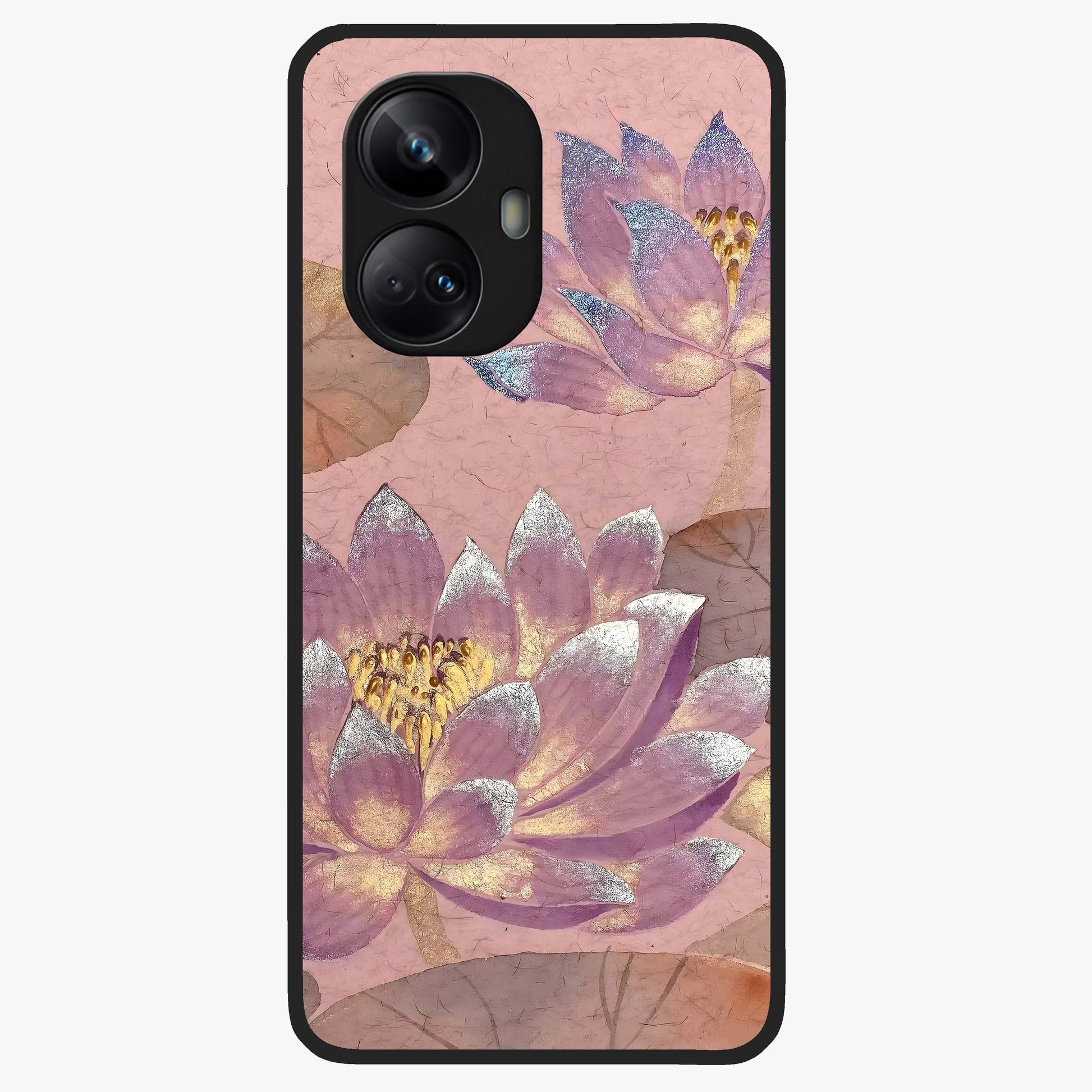 Blossom Mist Lotus Glass Case showing flat back view with serene lotus blossom artwork and glossy glass finish.