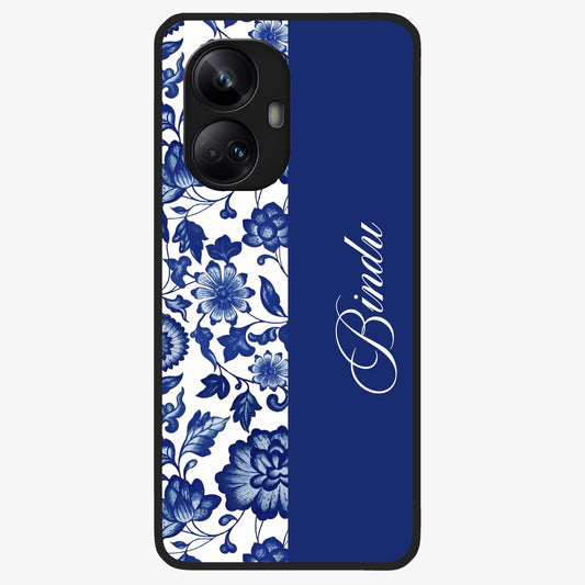 Blue Vintage Floral Pattern Glass Case upright view showcasing timeless floral illustration with vintage inspired style.