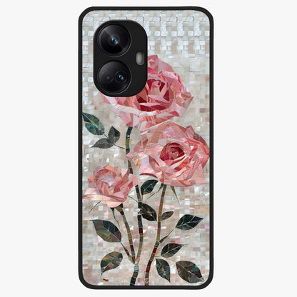 Blush Mosaic Bloom Glass Case showing flat back view with mosaic floral bloom artwork and glossy glass finish.