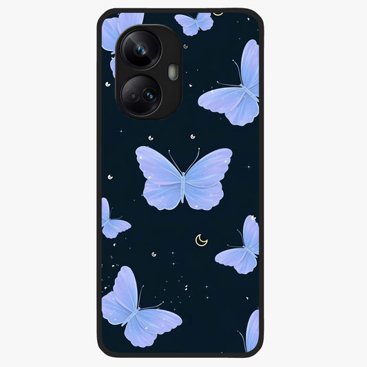 Butterfly With Stars Pattern Glass Case showing flat back view with butterfly and star pattern artwork and glossy glass finish.