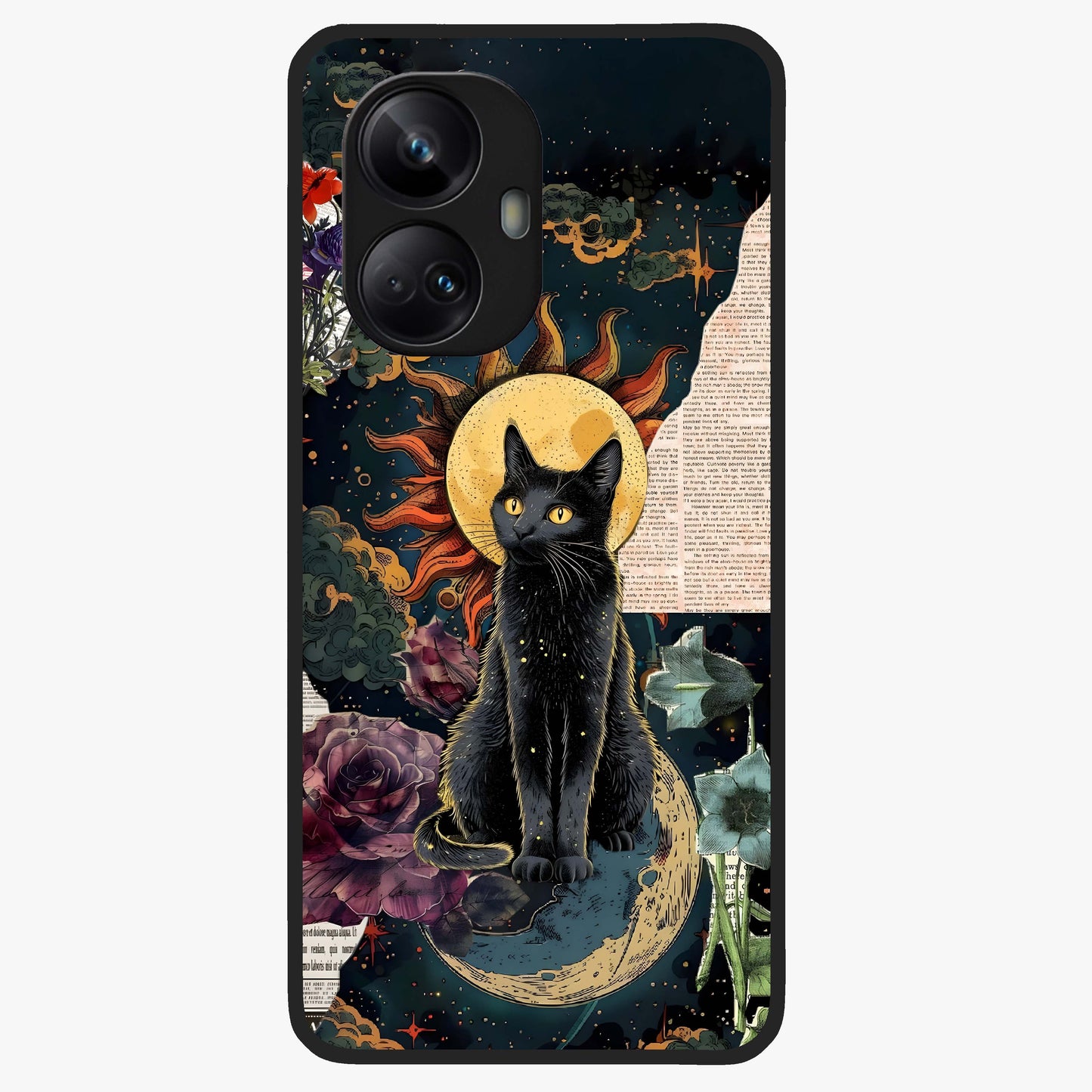 Celestial Black Cat Glass Case showing flat back view with mystical black cat artwork and glossy glass finish.