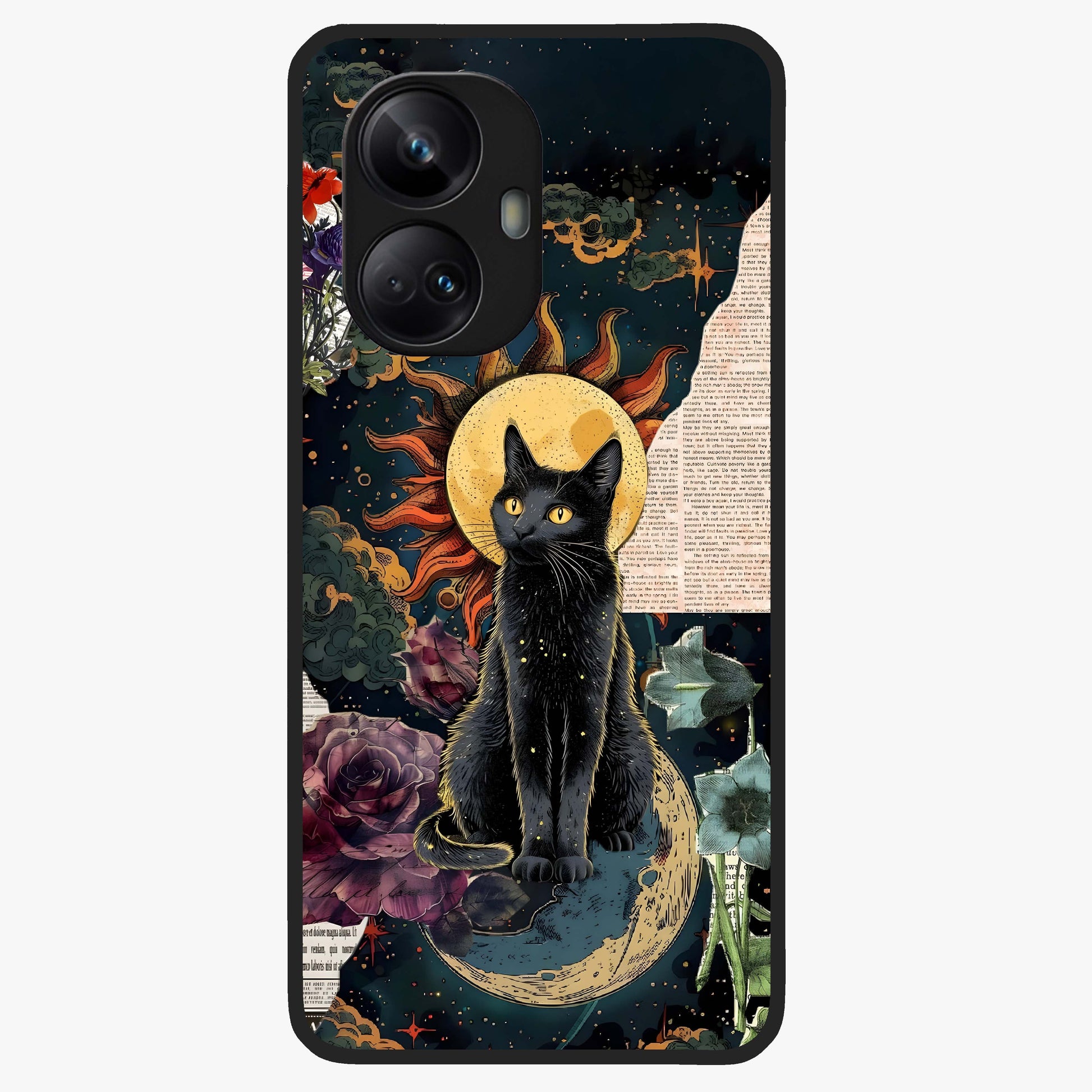 Celestial Black Cat Glass Case showing flat back view with mystical black cat artwork and glossy glass finish.